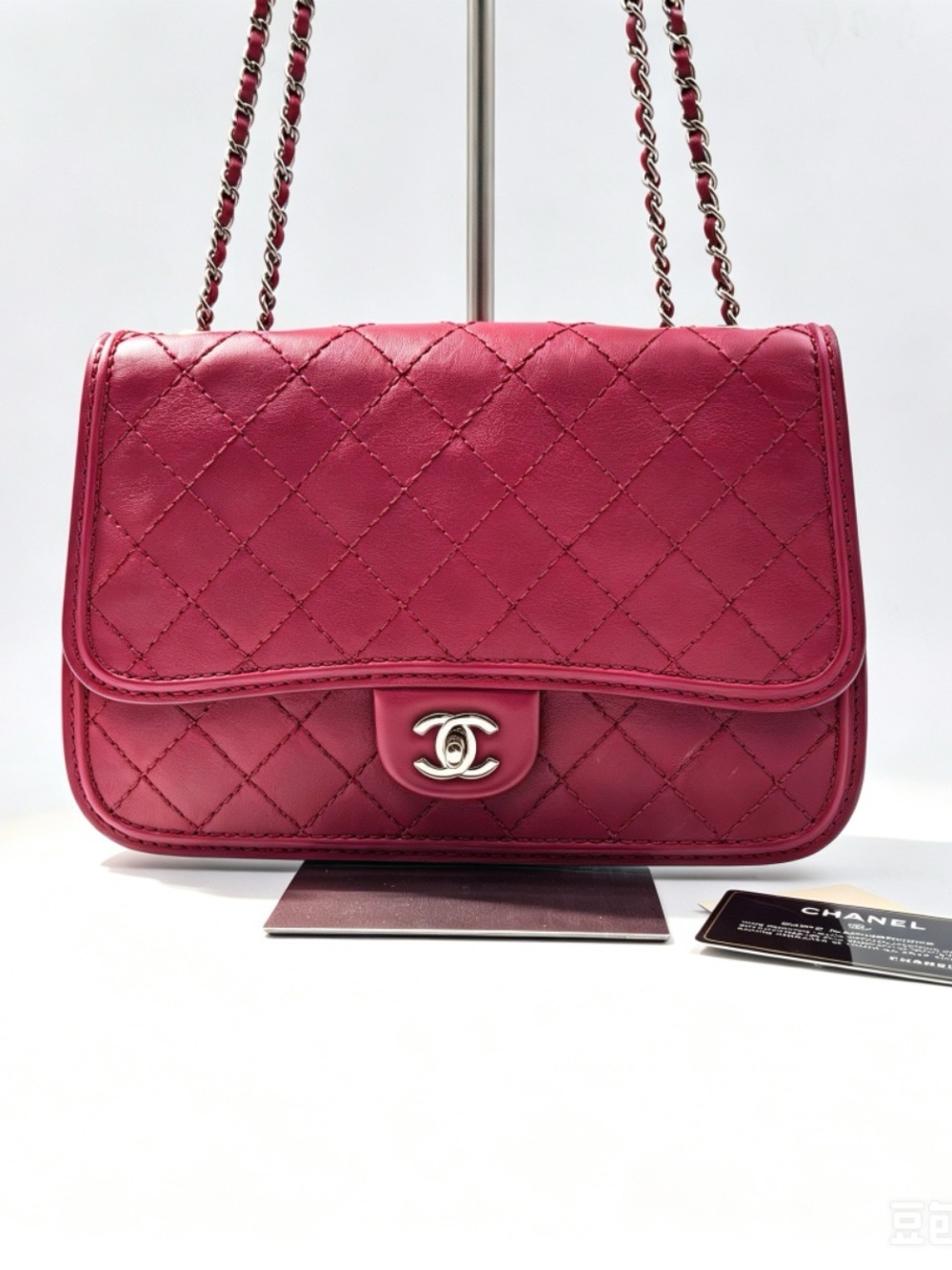 CHANEL Double Stitch Quilted Lambskin Flap Shoulder Bag in Fuchsia